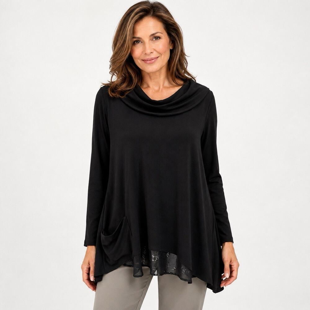 Sympli Whisper Splitback Top 10 Black Pattern Cowl Neck Long Sleeve Lagenlook